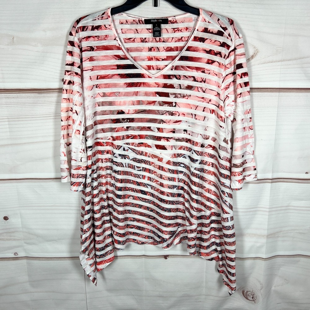Style & Co Top Womens Large Pink Floral Blouse Sharkbite Hem Stripe V-Neck Knit